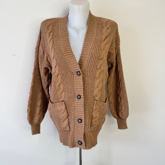 American Eagle Cable Knit Sweater Cardigan Camel Tan Button Down Neutral Sz XS - Picture 1 of 11